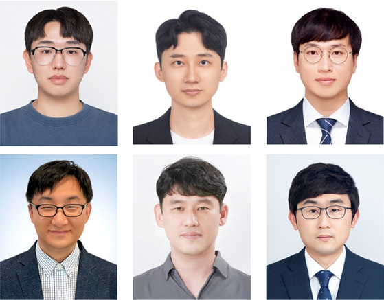 해수 수전해용 고성능 촉매를 개발한 연구진. 위 사진 왼쪽부터 한국재료연구원 이경복 석·박사 통합과정 학생연구원, 울산과학기술원 이영대 박사, 한국재료연구원 윤기용 박사(이상 제1저자). 아래 사진 왼쪽부터 울산과학기술원 이호식, 송현곤 교수, 한국재료연구원 양주찬 책임연구원 (이상 교신저자).
