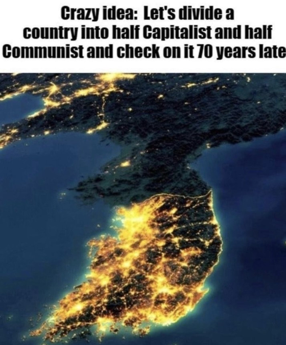 일론 머스크가 자본주의와 공산주의를 비교하며 X에 올린 한반도 야경. [사진 X 캡처]