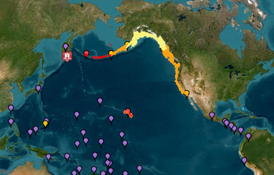 미국 국립해양대기청(NOAA)이 30일(현지시간) 러시아 극동부에서 발생한 규모 8.7의 지진 이후 쓰나미 경보(빨간색), 주의보(주황ㆍ노란색), 위협(보라색) 지역을 보여주고 있다. AFP=연합뉴스