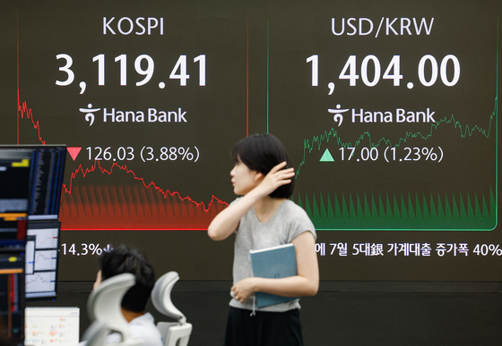1일 오후 서울 중구 하나은행 딜링룸에서 딜러들이 업무를 보고 있다. 코스피가 전 거래일보다 126.03포인트(3.88%) 폭락한 3119.41에 마감했다. 미국 달러대비 원화값도 두달 반만에 1400원선을 뚫고 하락했다.. 최기웅 기자. 2025.08.01.