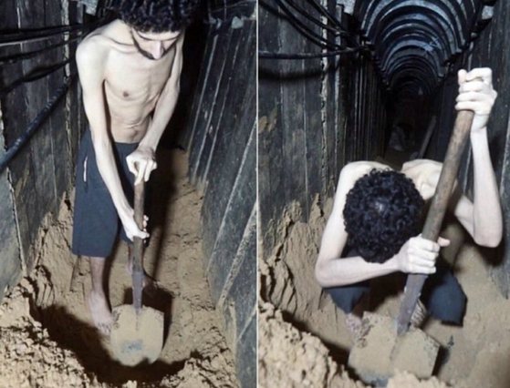 팔레스타인 무장정파 하마스가 공개한 선전 영상 일부. 2023년 10월 7일 이스라엘을 기습 공격한 하마스에 인질로 잡혀간 에비아타르 다비드(24)가 지하터널에서 땅을 파고 있다. 홈페이지 캡처
