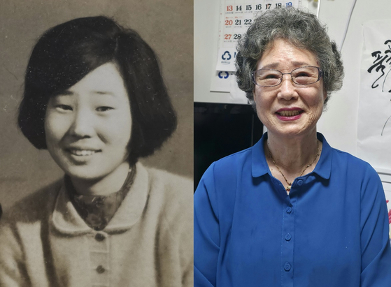 20대 시절 최말자 할머니(왼쪽)의 '젊은날의 한 컷'이 그의 자택 한 켠에 자리하고 있다. 꽃다운 청춘은 어느덧 여든이 됐다. 김민정 기자