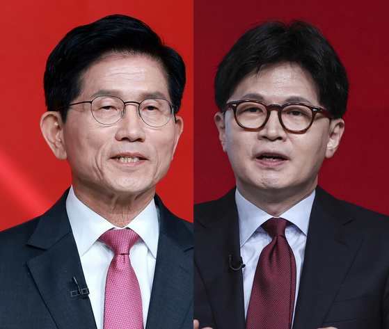 국민의힘 한동훈 전 대표(오른쪽)과 김문수 당 대표 후보. 뉴스1 