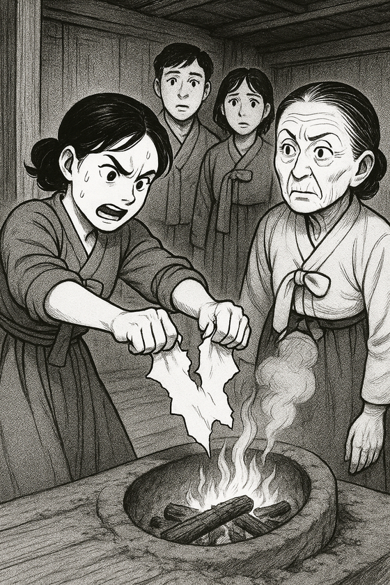 문정숙이 아궁이에 혼인신고서를 찢어 버리는 모습. 챗GPT 생성 이미지