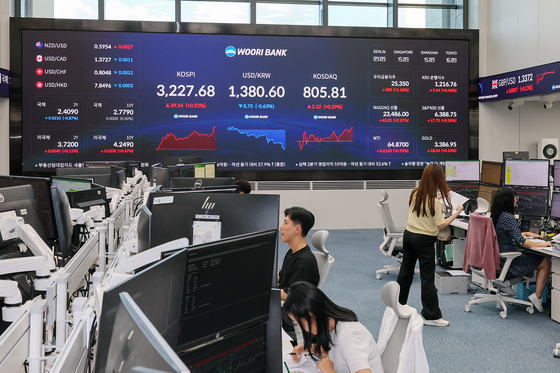 7일 코스피는 전날보다. 0.92% 상승한 3227.68을 기록했다. 사진은 이날 서울 중구 회현동 소재 우리은행 본점 딜링룸. 우리은행 제공.