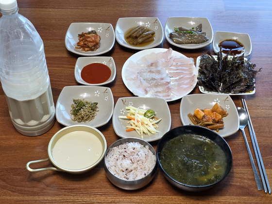 부두 민박의 백반 상차림. 직접 담근 막걸리를 비롯해 모든 음식이 맛있다. 회는 운이 따라야 맛볼 수 있다.