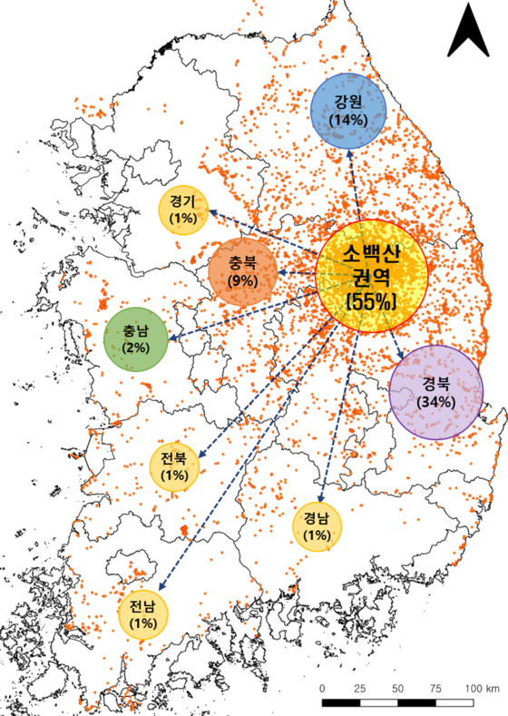 국립공원공단이 방사한 붉은여우의 활동 좌표(점)와 지역별 활동 비율. 국립공원공단 제공