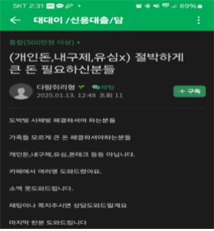 한 인터넷 카페에 올라온 대출 광고. 사진 금융감독원