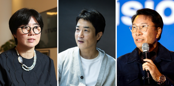 왼쪽부터 글로벌 미디어 컨퍼런스 연사로 참석하는 스튜디오N 권미경 대표, 스튜디오슬램 윤현준 대표, SM 엔터테인먼트 창립자이자 현재 A2O 엔터테인먼트서 활동 중인 이수만 프로듀서. 사진 우상조 기자, 권혁재 사진전문기자, 뉴시스