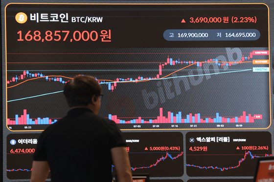 14일 서울 빗썸라운지 강남본점 현황판에 표시된 비트코인 시세. 연합뉴스