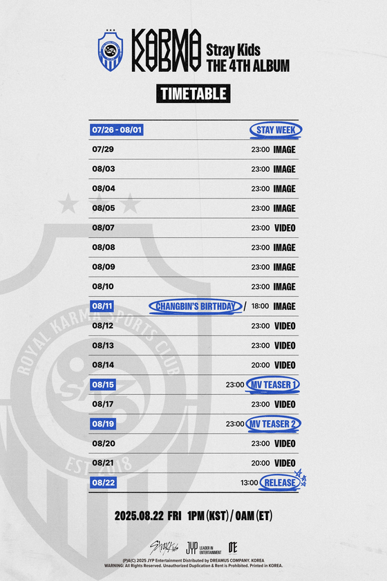 스트레이 키즈의 컴백 스케줄표. 사진 JYP엔터테인먼트