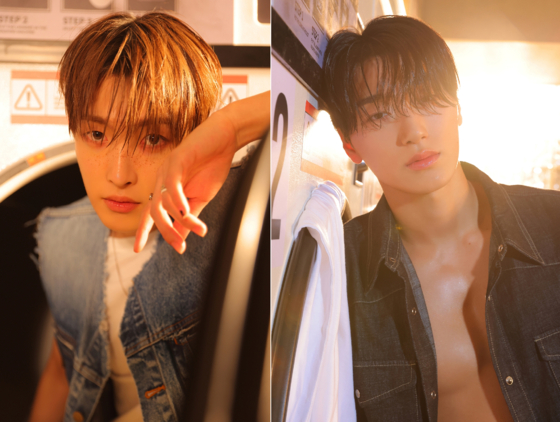 에이티즈의 캡틴 홍중(왼쪽)과 산. 에이티즈의 슬로건은 '여덟 명이 모여 진짜 팀이 된다'는 뜻으로 '에잇 메익스 원 팀'으로 정했다. 사진 KQ엔터테인먼트