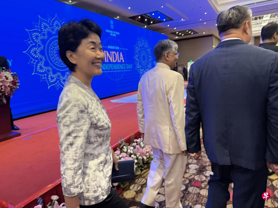 15일 중국 베이징에서 열린 인도독립기념일 리셉션에 참석한 쑨하이옌 중국공산당 대외연락부부장. 연합조보 캡처