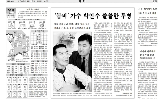 중앙일보 2002년 4월 19일자 사회면 톱. 박인수씨의 안타까운 근황 관련 단독보도. 중앙포토