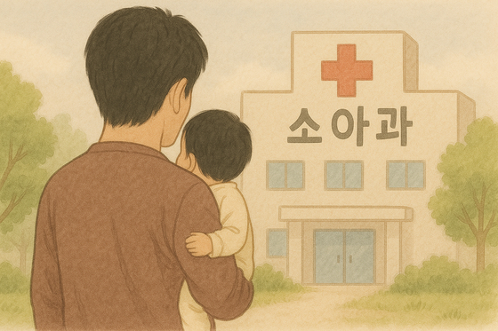 출생 신고가 되지 않은 아이를 안고 병원 앞을 서성이는 보호자를 표현한 이미지. 일러스트 챗GPT