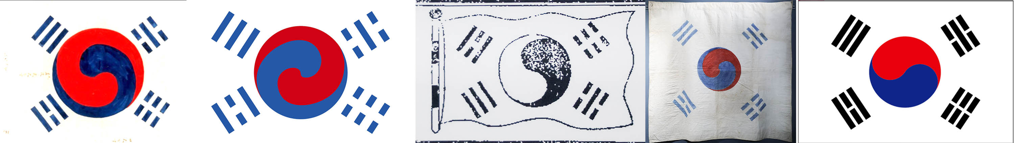 왼쪽부터 박영효가 제작한 태극기, 데니 태극기. 독립신문 제호 태극기, 파리 만국박람회 출품 추정 태극기, 현재 사용되는 태극기. 