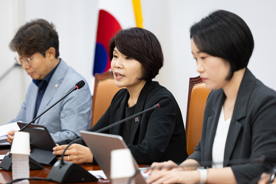 한정애 더불어민주당 정책위의장이 24일 서울 여의도 국회에서 기자간담회를 열고 민주당의 2024회계연도 결산 심사 방향에 대해 밝히고 있다. 뉴스1