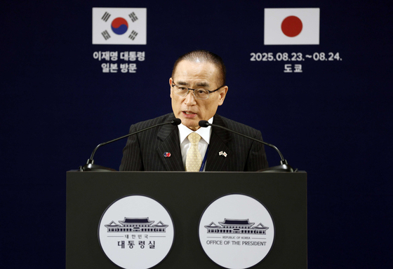 위성락 국가안보실장이 24일 오전 일본 도쿄의 한 호텔에 마련된 한국 프레스센터에서 한일정상회담 결과에 대한 브리핑을 하고 있다. 대통령실사진기자단
