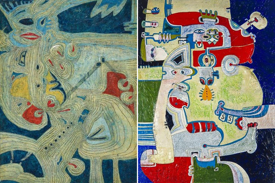 ‘얼굴에서 드러나는 모습’, 1966. ‘덫에 걸린 왕’, 1969. 정체성 고민이 엿보이는 반추상 작품들이다. [사진 국립현대미술관]