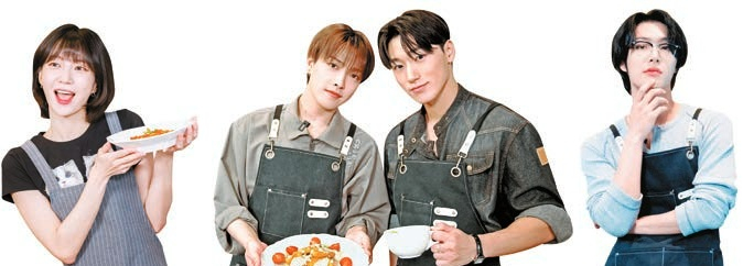 스스로 마음과 몸을 돌보고 건강하게 관리하는 법을 실천 중인 아이돌. 왼쪽부터 오마이걸 유빈, 에이티즈 홍중·산·민기. [사진 나승보·HOGER]