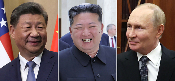 북·중·러 3국 정상이 내달 3일 베이징에서 열리는 이른바 중국의 전승절(戰勝節·항일 전쟁 및 반파시스트 전쟁 승리 80주년 대회) 행사에서 처음으로 한자리에 모인다. 왼쪽부터 시진핑 중국 국가주석, 김정은 북한 국무위원장, 블라디미르 푸틴 러시아 대통령. [EPA·로이터·조선중앙통신=연합뉴스]