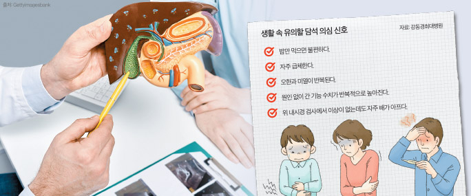 한 의료진이 담낭을 가리키며 담석에 관해 설명하고 있다. 담석은 담낭과 담관 등에 생기는 덩어리로 통증을 야기할 수 있다.