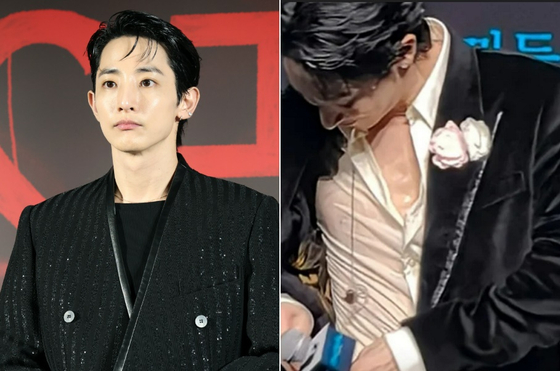 배우 이수혁이 지난달 30일 중국 항저우에서 팬미팅 중 주최 측의 무리한 요구를 받았다는 보도가 나왔다. 팬미팅 당시 셔츠가 땀으로 젖은 이수혁의 모습(오른쪽). 사진 뉴스1·SNS 캡처