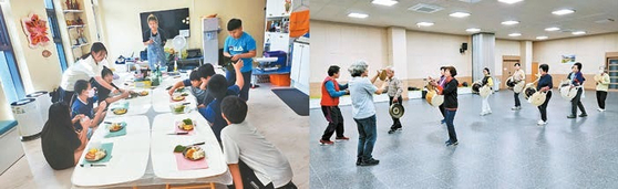 충남 당진시 ‘활력바라지복지회관’에서 운영 중인 꿈나무 쉼터(왼쪽)와 경북 의성군 ‘비안만세센터’에서 주민들이 풍물놀이를 배우는 모습.