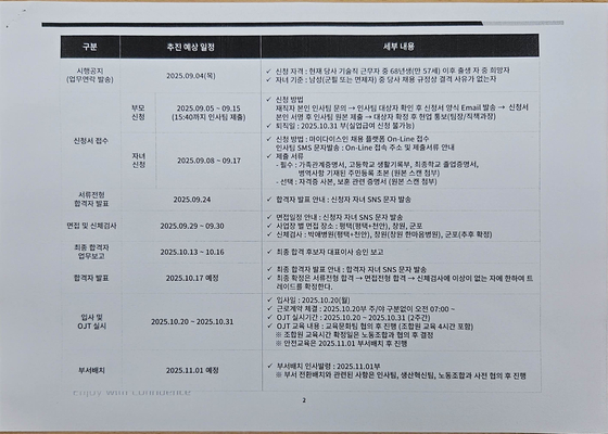 KG모빌리티의 ‘2025 기술직 트레이드 일정’이 정리된 도표. 온라인 커뮤니티 ‘블라인드’ 등에 올라있다. [사진 독자] 