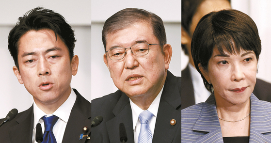 이시바 시게루(가운데) 일본 총리가 7일 퇴진 의사를 밝힌 가운데 유력 차기 총리 후보로 꼽히는 고이즈미 신지로(왼쪽) 농림수산상과 다카이치 사나에 전 경제안보상(오른쪽)에게 관심이 쏠리고 있다. EPA=연합뉴스 