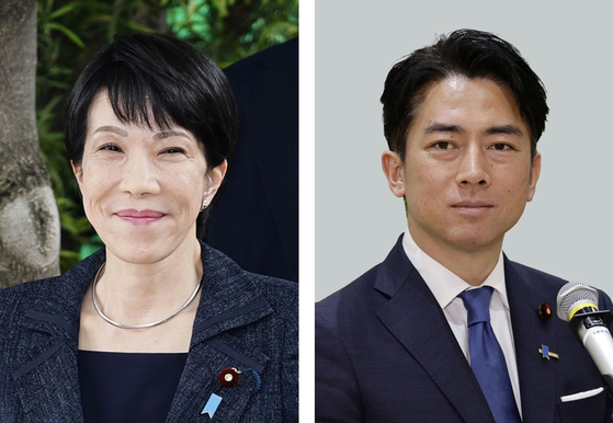  일본 집권 자민당 총재 선거에서 양강 구도를 형성하고 있는 다카이치 사나에 전 경제안보담당상(왼쪽)과 고이즈미 신지로 농림수산상. 연합뉴스