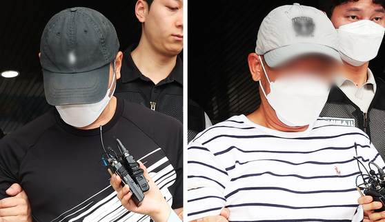 KT 무단 소액결제 사건의 피의자인 중국 국적 남성 A씨(왼쪽)와 B씨가 18일 구속 전 피의자 심문(영장실질심사)에 출석하기 위해 경기도 수원영통경찰서 유치장에서 나오고 있다. 연합뉴스