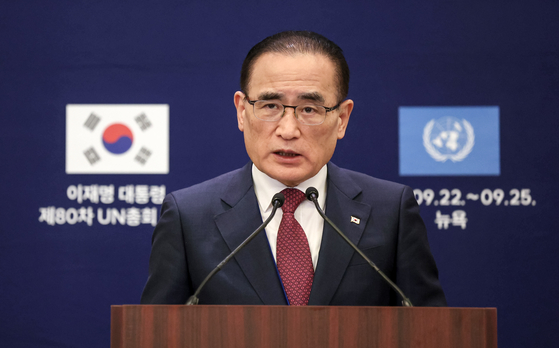 위성락 국가안보실장이 23일(현지시간) 미국 뉴욕 한 호텔의 한국프레스센터에서 이재명 대통령의 유엔 총회 기조연설, 정상회담 관련 브리핑을 하고 있다. 김현동 기자
