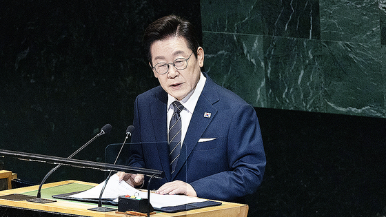  이재명 대통령이 23일(현지시간) 미국 뉴욕 유엔 본부에서 열린 제80차 유엔 총회에서 기조연설을 하고 있다. 김현동 기자