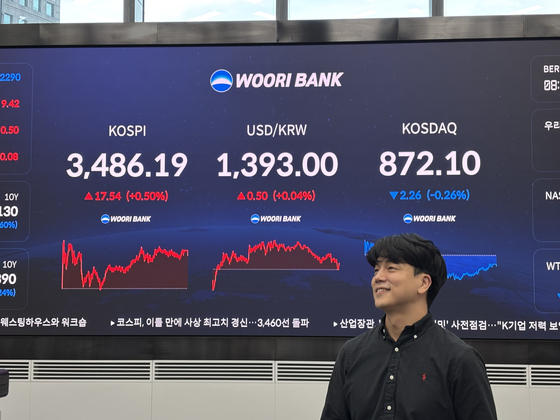 23일 코스피는 전날보다 0.51% 상승한 3486.19로 거래를 마쳤다. 또 역대 최고가를 갈아치웠다. 사진은 우리은행 딜링룸. 