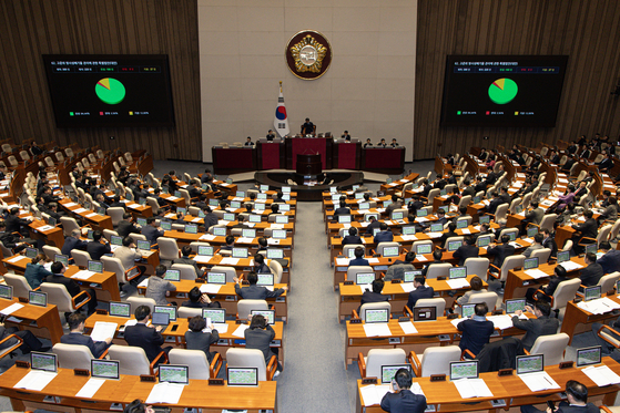 지난 2월 27일 서울 여의도 국회에서 열린 제422회 국회(임시회) 제7차 본회의에서 고준위 방사성 폐기물 관리에 관한 특별법안이 가결되고 있다. 뉴스1