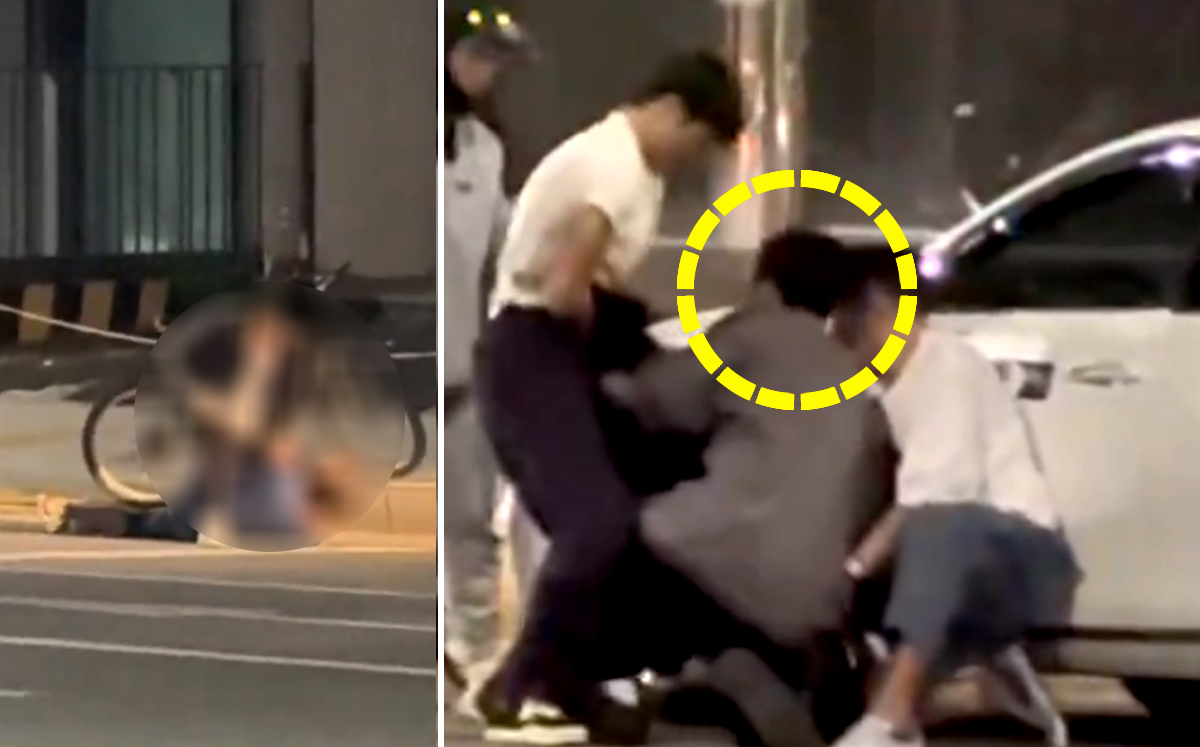 중국인 아이돌 쑨헝위 일행이 택시기사를 폭행한 취객를 제압하고 있다. 왼쪽 사진은 차도에서 취객이 택시기사를 폭행하고 있는 모습. 사진 엑스(X) 캡처
