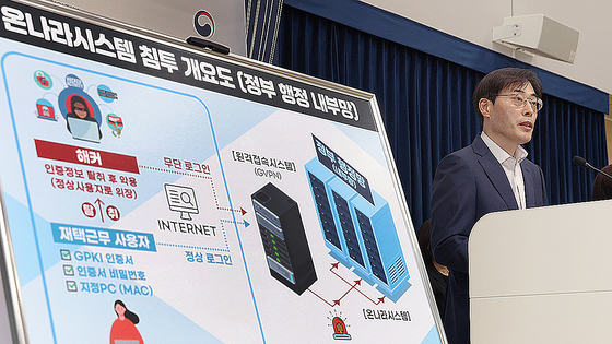  이용석 행정안전부 디지털 정부혁신실장이 17일 오전 세종시 정부세종청사 중앙동에서 정부업무관리시스템(온나라) 해킹 대응 관련 내용을 발표하고 있다. 뉴스1