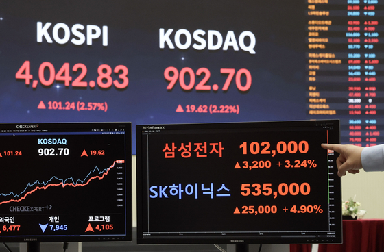 코스피가 사상 처음 4000선을 넘은 27일, 서울 영등포구 한국거래소 전광판에 코스피ㆍ코스닥 지수가 표시돼있다. 김성룡 기자
