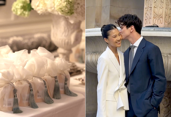 지방시 가문의 후손 션 태핀 드 지방시와 결혼한 한국인 여성 정다혜씨가 한국 전통미를 담은 결혼식 답례품(왼쪽)을 소개했다. 사진 인스타그램 캡처