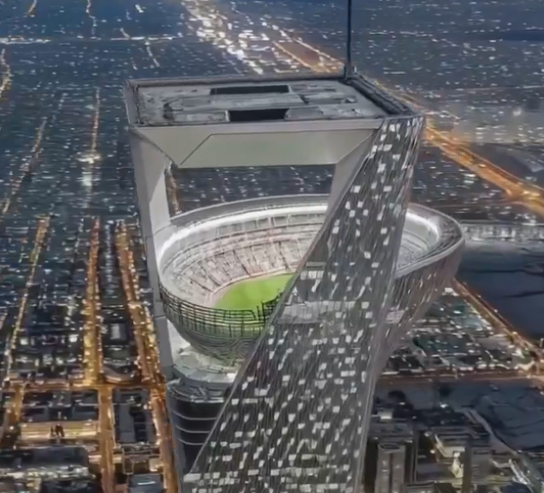 2034년 FIFA월드컵 개최를 준비 중인 사우디아라비아가 네옴시티에 지을거라며 SNS에 공개된 350m 초고층 건물 꼭대기의 4만6000석 규모의 축구장 조감도. [사진 소셜미디어 X 캡처]