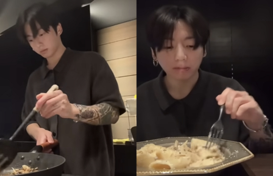 팬들에게 자신이 만든 레시피를 소개하는 정국. 정국 라이브 캡처