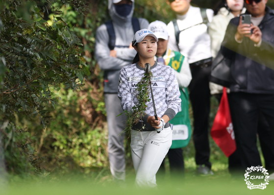 고지원이 1일 열린 KLPGA 투어 S-OIL 챔피언십 3라운드 5번 홀에서 트러블 샷을 하고 있다. 사진 KLPGA