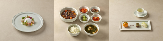 대통령실이 29일 경주 한미 정상회담 오찬 메뉴를 공개했다. 사진 왼쪽부터 신안 새우와 고흥 관자, 완도 전복 등 우리 해산물에 트럼프 대통령의 고향인 뉴욕의 성공 스토리를 상징하는 '사우전드아일랜드' 드레싱이 곁들인 전채요리, 경주 햅쌀로 지은 밥과 공주밤, 평창 무·당근, 천안 버섯, 미국산 갈비를 사용한 갈비찜, 'PEACE!'(평화!)를 레터링한 감귤 디저트. 사진 대통령실