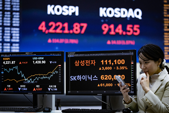 3일 코스피가 사상 최고치인 4221.87을 기록했다. 삼성전자와 SK하이닉스도 ‘젠슨 황 효과’로 신고점을 경신했다. 서울 여의도 한국거래소 전광판에 이날 종가가 표시돼 있다. 전민규 기자