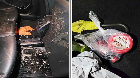 택시 기사 A씨가 택시 뒷좌석에 가짜 토사물 뿌려 놓은 모습(왼쪽)과 트렁크에서 보관하고 있던 과 커피(오른쪽). 사진 서울경찰청