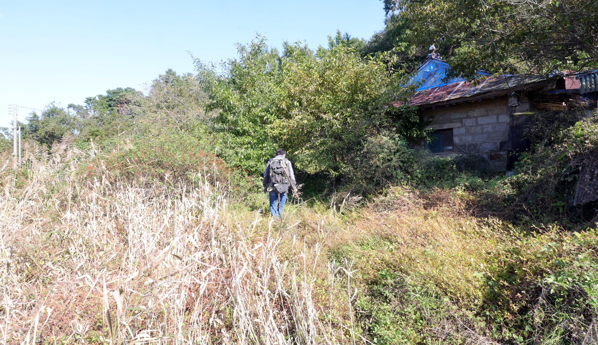 진입로도 사라진 석모도의 한 폐가 뒤 야산으로 들어가는 이이교 관장. 그의 사냥터(?)는 주로 옛날 마을이 있었던 곳 인근 쓰레기를 묻어서 처리하던 곳이다. 강정현 기자