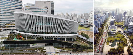 경기도서관 전경. 공간의 외부와 내부가 나선형 구조로 연결되는 독특한 모습으로 눈길을 끌었다. 설계를 맡은 해안건축이 미래형 도서관의 비전을 담았다. 사진 경기도서관 제공(좌), 조감도 연합뉴스, 경기도제공(우)
