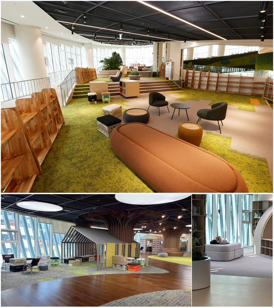 경기책길(위), 3층은 책 천권 읽기를 장려하는 공간으로 캠핑 테이블과 의자를 배치해 편안한 분위기를 조성했다. 한 이용객이 소파에 누워 책을 보고 있다. 사진 경기도서관, 이소진 기자