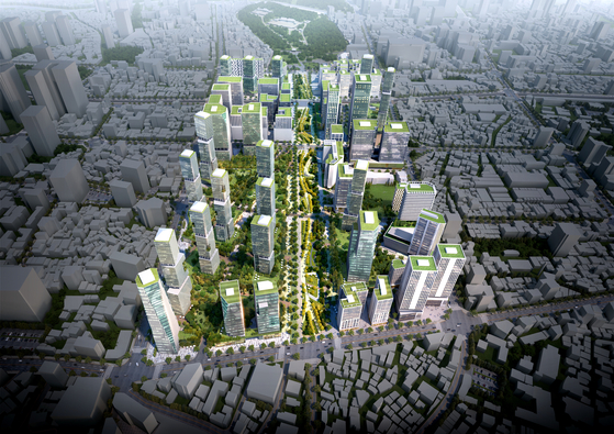 서울시가 2023년 발표한 세운재정비촉진지구 개발 이후 예상도. 남쪽에서 바라본 모습으로 북쪽 끝에 종묘가 보인다. 워싱턴DC를 연상시키는 녹지 축이 핵심이다. [사진 서울시] 